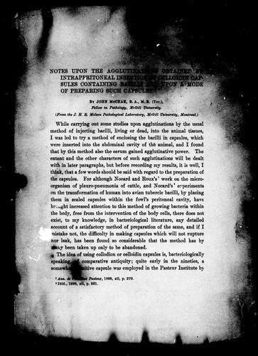 Cover of Notes upon the agglutinations obtained by intraperitoneal insertion of celloidin capsules containing bacilli and upon a mode of preparing such capsules